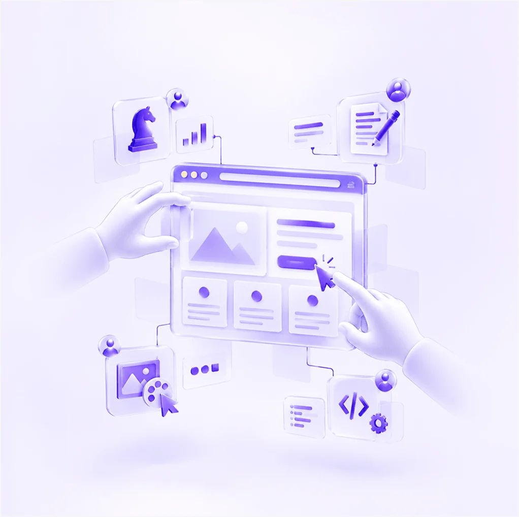 Hands assembling a web page from components and code blocks.
