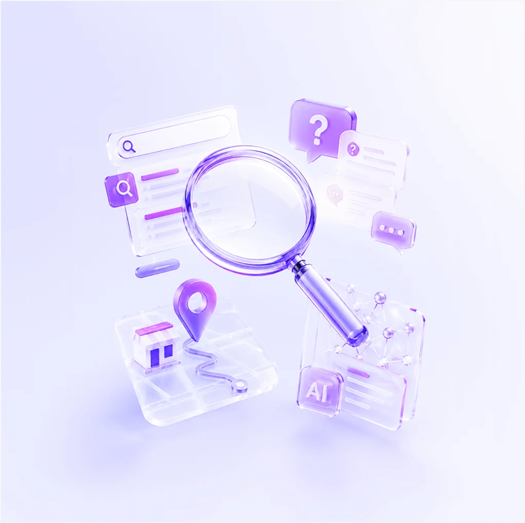 A magnifier over cards of searches, questions and AI prompts.