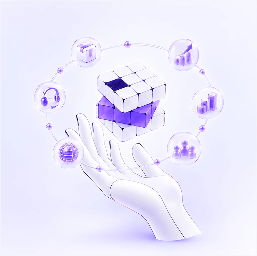 A hand holding a cube ringed by bubbles showing customers, channels and metrics.