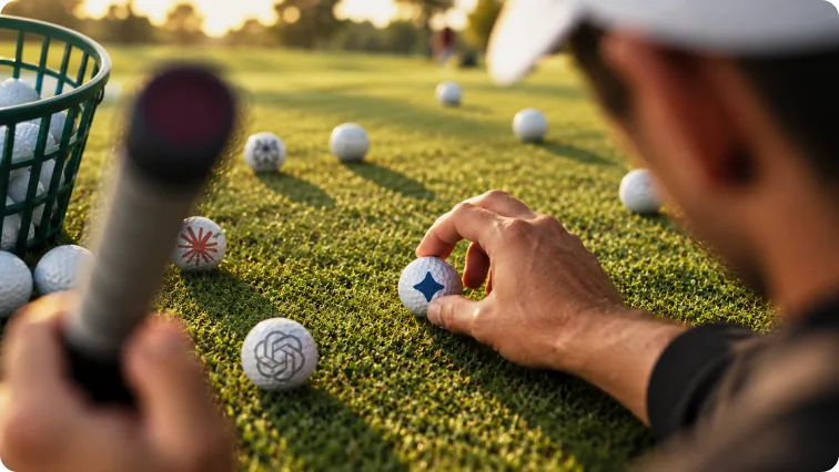A player selecting a marked ball from a scatter of golf balls on the turf.