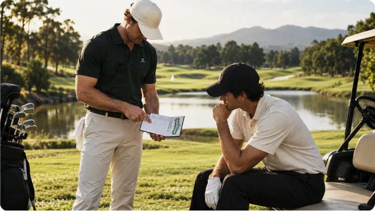 A caddie and player reviewing notes together beside the fairway.