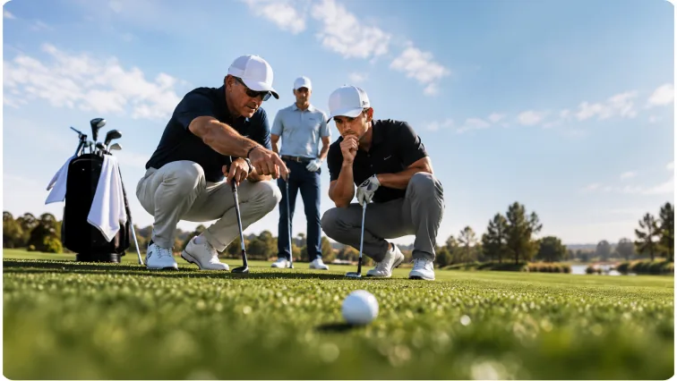 Three golfers crouching on the green, reading the line of a putt together.