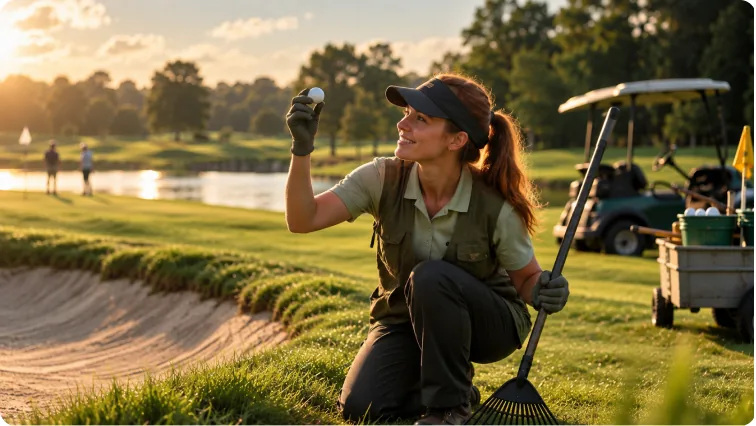 An SEO specialist checking a rangefinder on a golf course at sunrise.