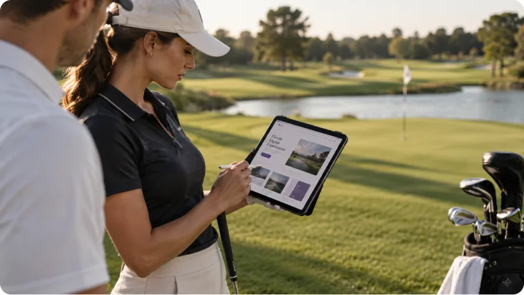 A golfer reviewing designs on a tablet at the edge of the course.