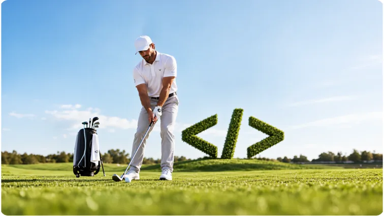 A golfer mid-swing beside a hedge clipped into a code bracket symbol.